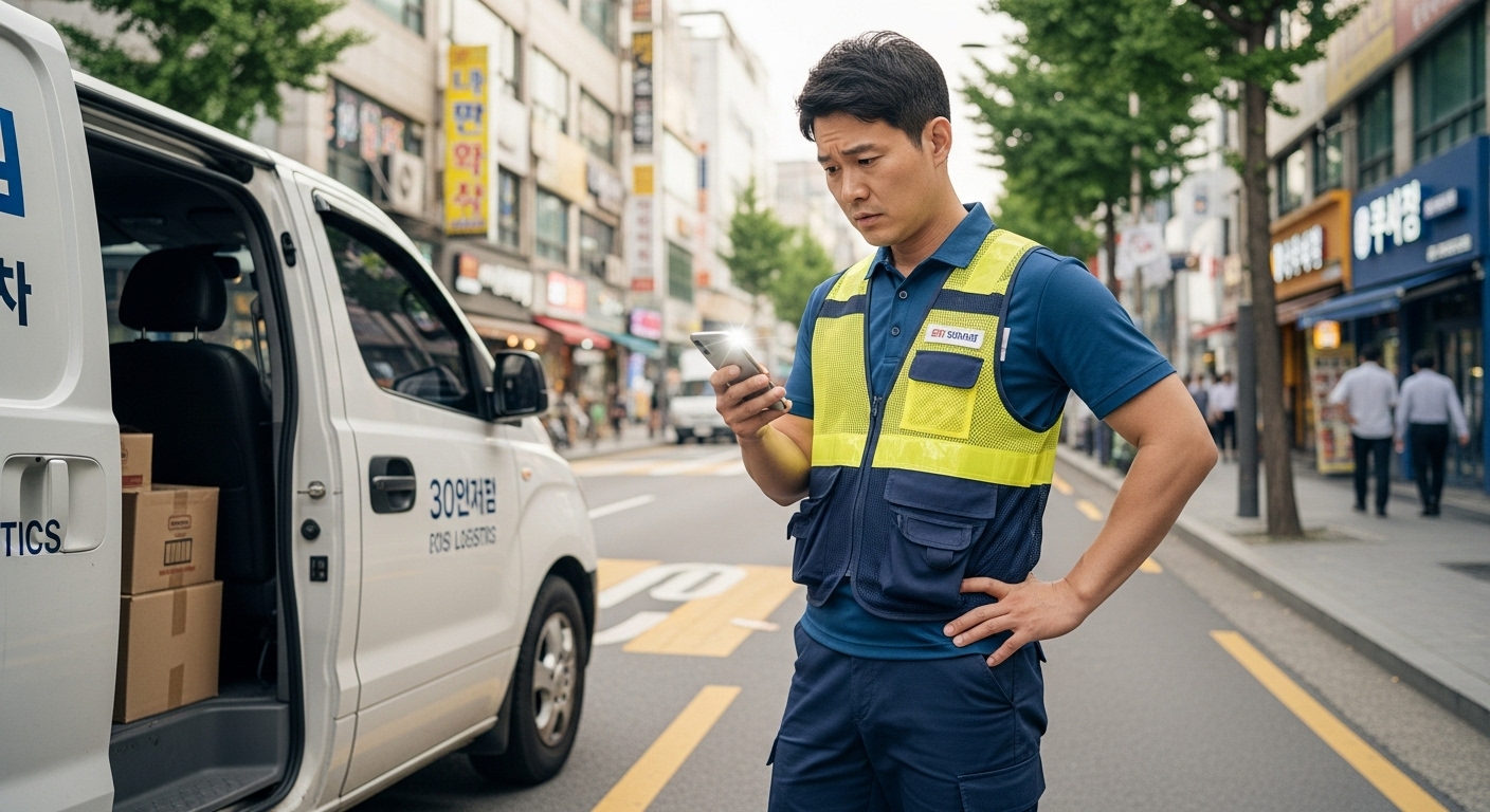 도심 속에서 스마트폰을 들고 난감해하는 배달원의 모습