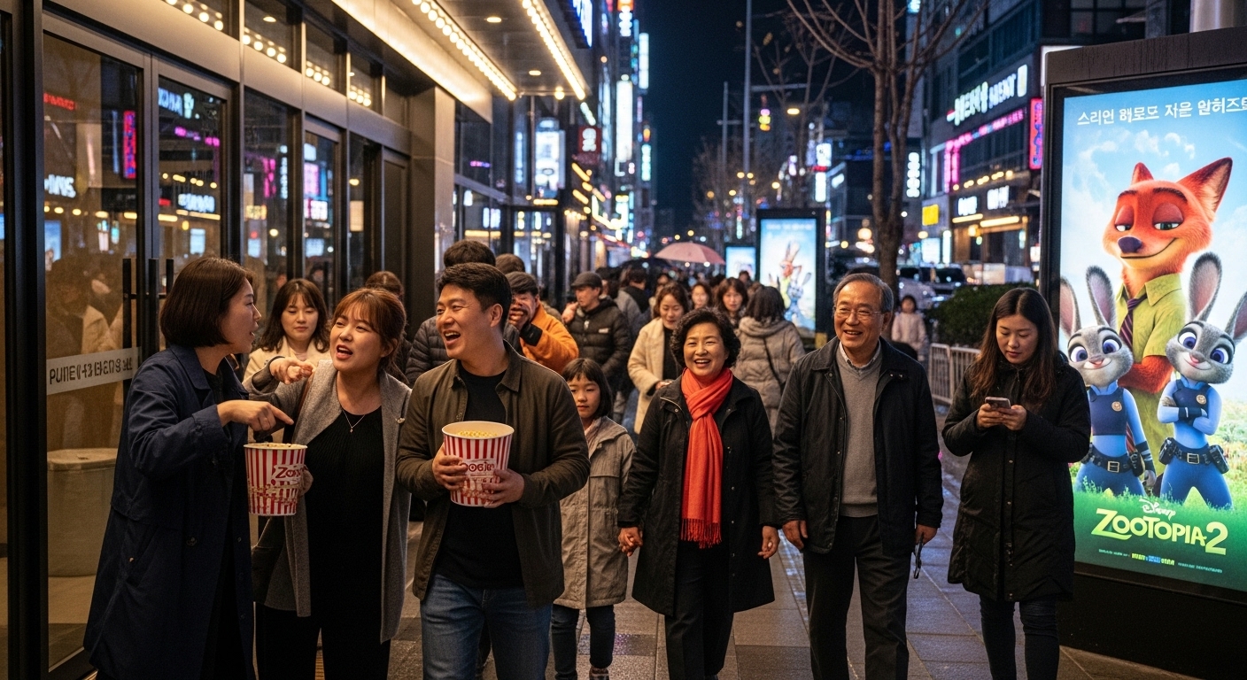 영화를 보고 나온 관객들이 웃고 이야기하는 장면