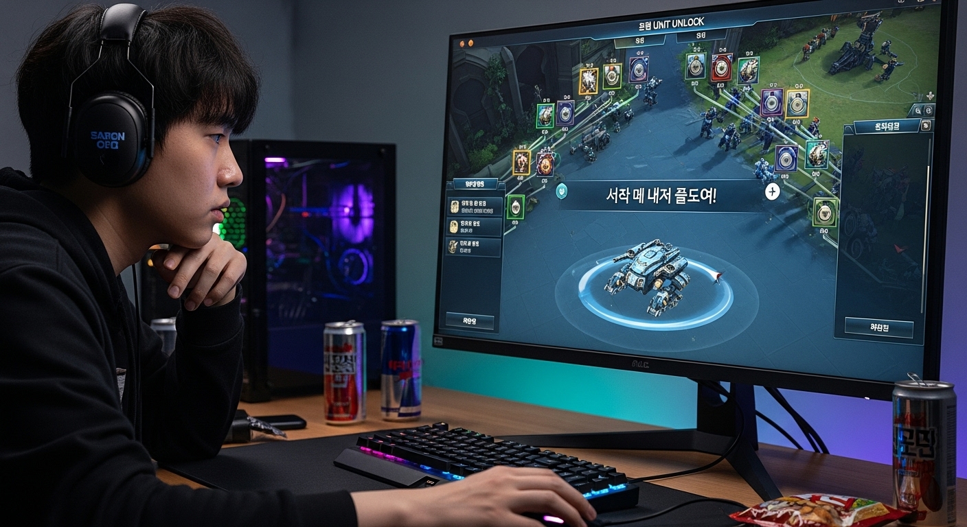 한국 플레이어가 컴퓨터 화면에서 유닛 잠금 해제 시스템을 탐색하는 모습