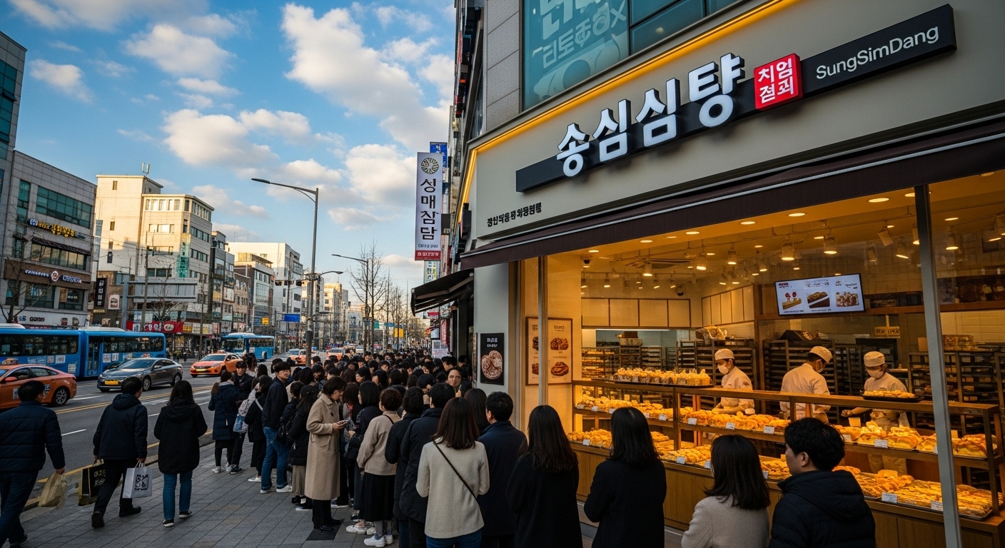 대전에서 사람들이 줄 서서 기다리는 성심당 베이커리 전경