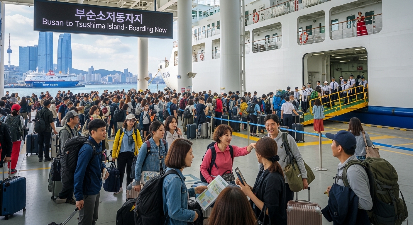 부산 페리 터미널에서 대마도로 떠나는 여행객들의 활기찬 모습