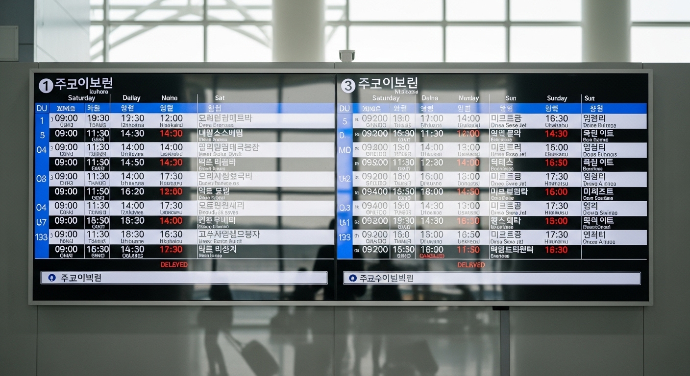 이즈하라와 히타카츠로 가는 주말 운항 스케줄이 표시된 터미널 게시판