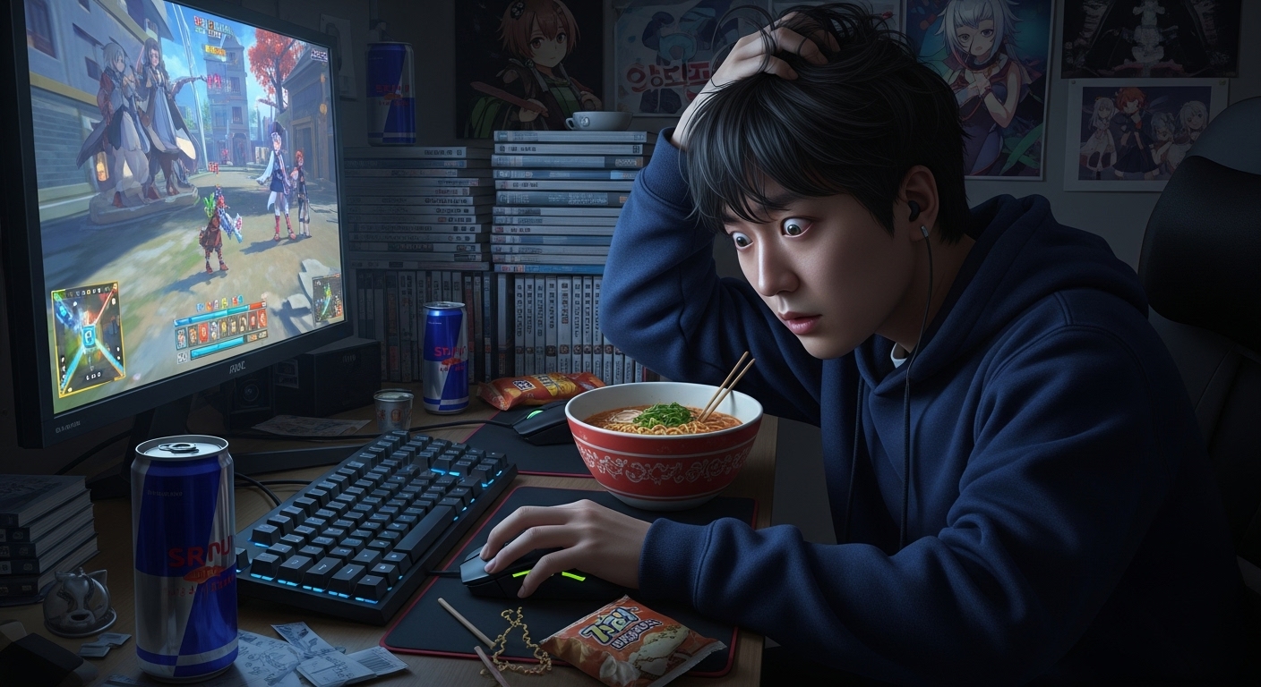 컴퓨터 화면에 집중하며 엉뚱한 행동을 하는 인터넷 사용자 모습