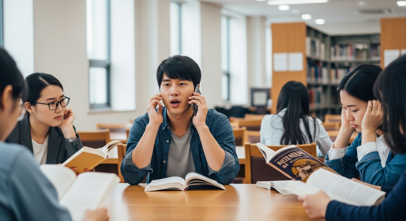 공공 도서관에서 큰 소리로 통화하는 남성의 모습