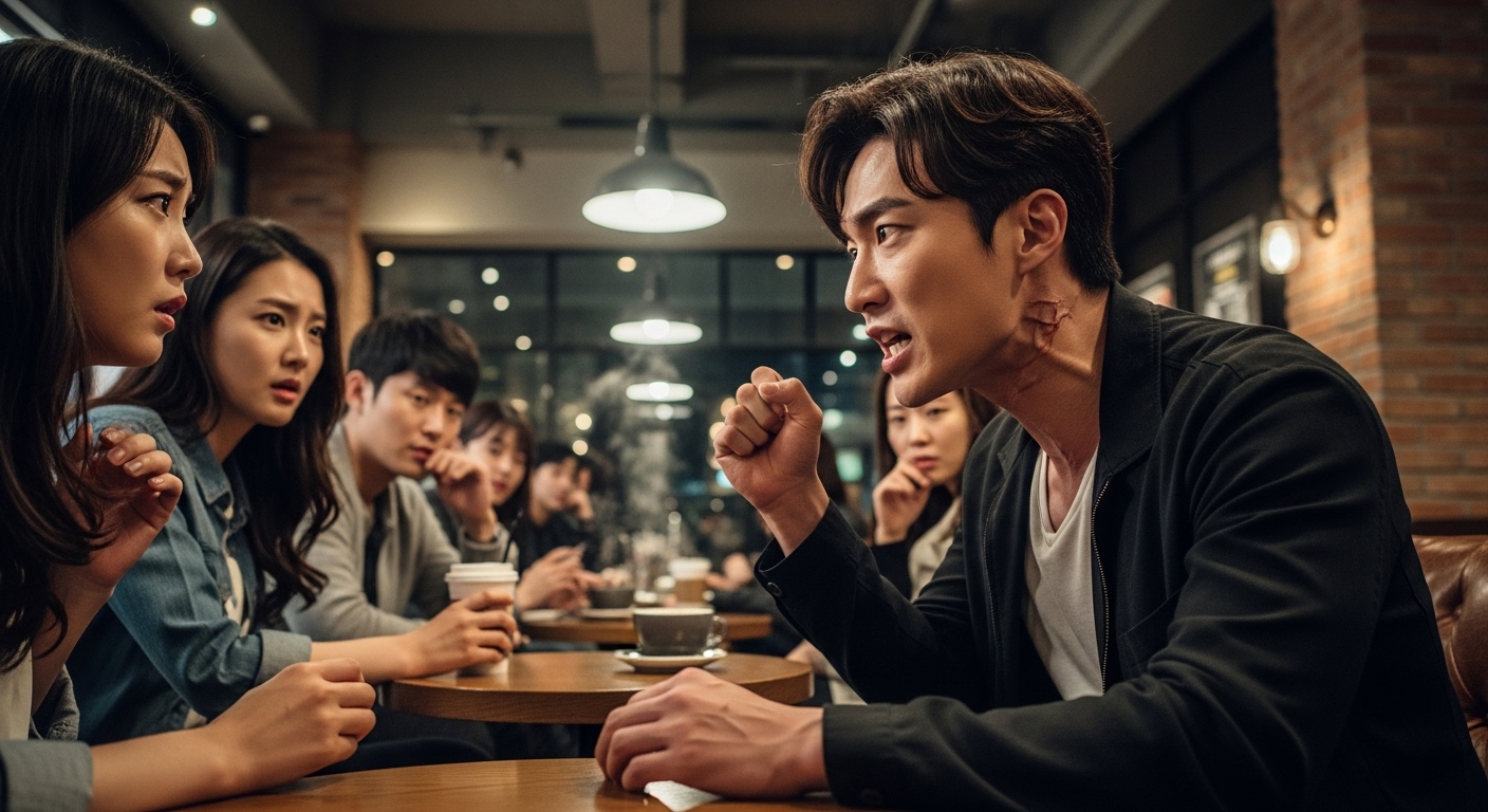 커피숍 토론 중 강하게 감정을 표출하는 사람의 모습