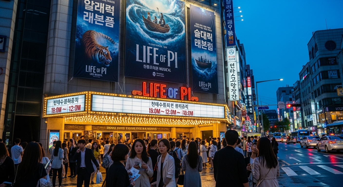 한국에서 열리는 '라이프 오브 파이' 뮤지컬을 기다리는 관객들로 붐비는 극장 전경