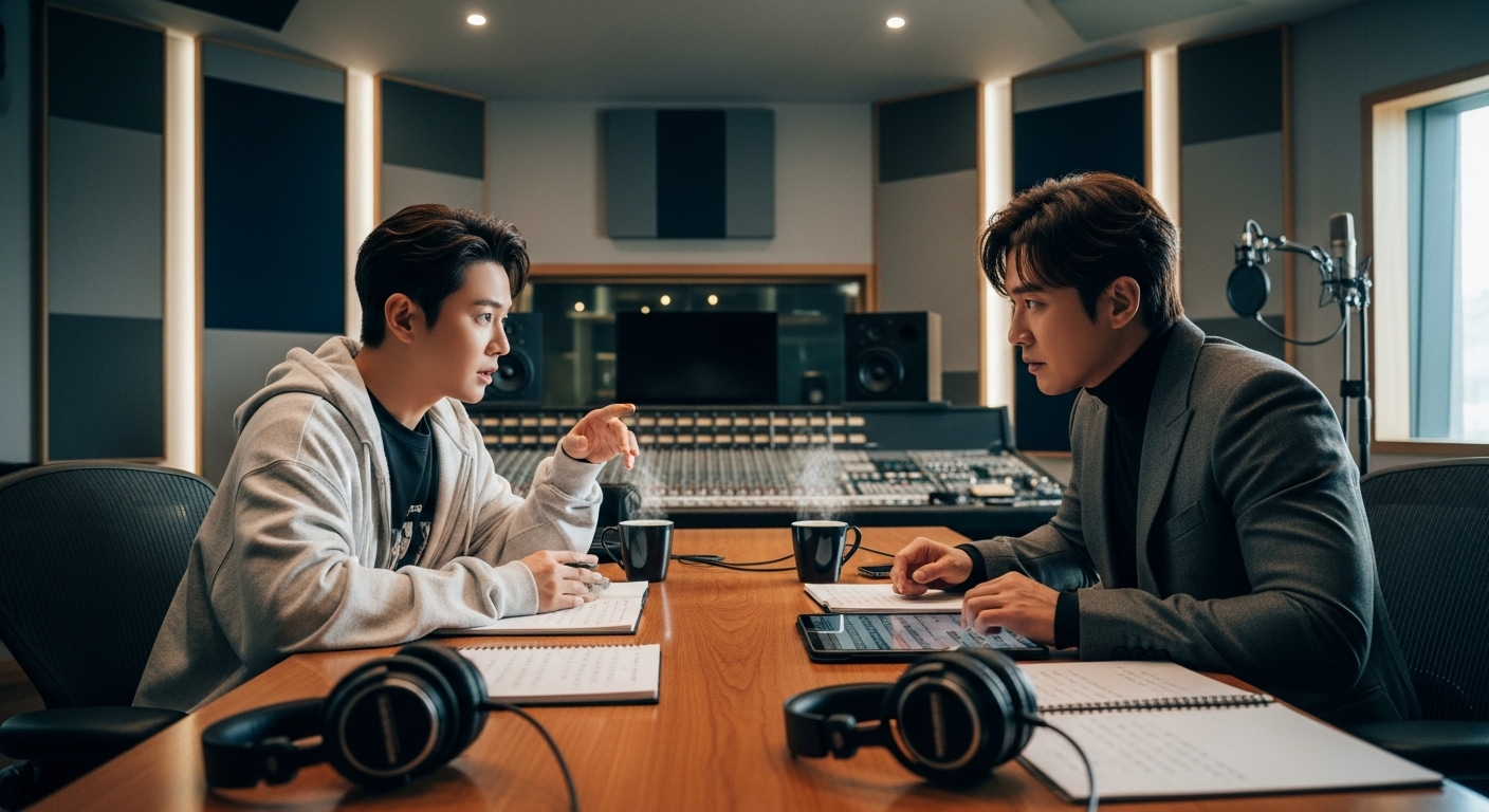 음악 스튜디오에서 협업을 논의하는 가수와 배우의 모습