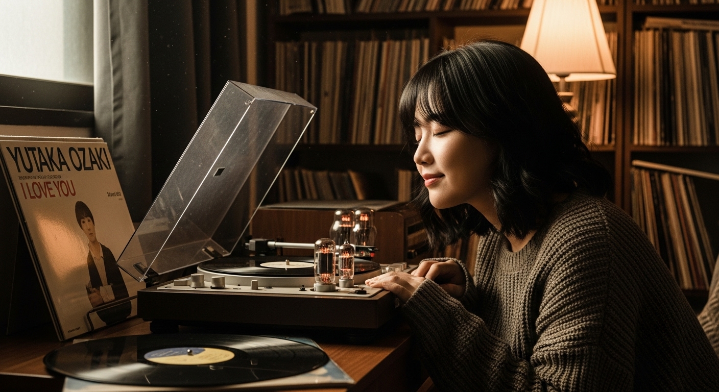 젊은 음악 애호가가 아늑한 방에서 빈티지 레코드 플레이어로 오자키 유타카의 'I Love You'를 듣고 있는 모습