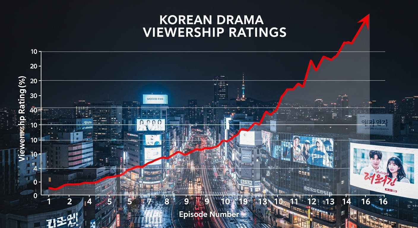 서울 야경 위에 드라마 시청률 상승 그래프가 겹쳐진 이미지
