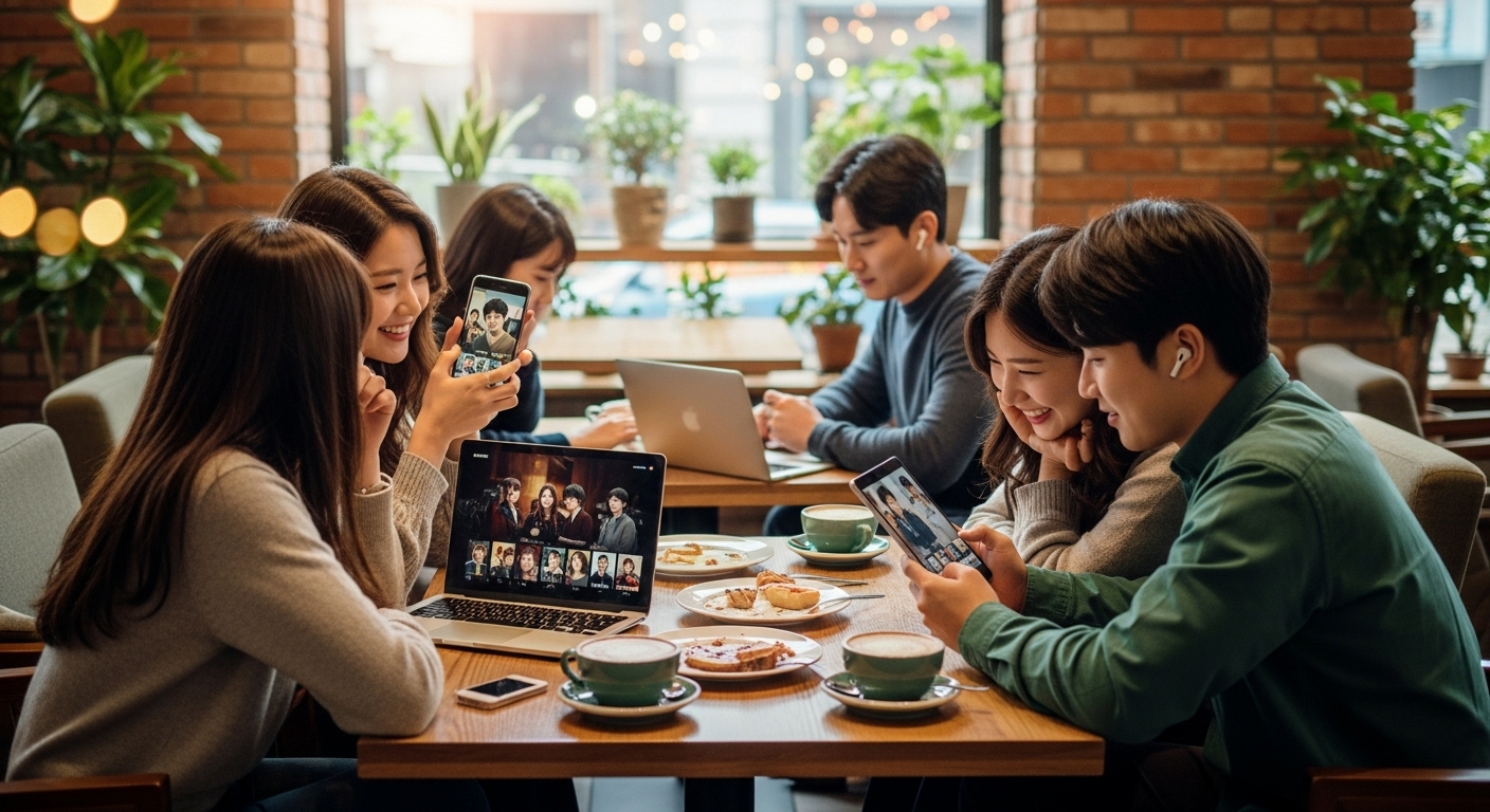 카페에서 젊은이들이 노트북과 스마트폰으로 스트리밍 서비스를 이용하는 장면