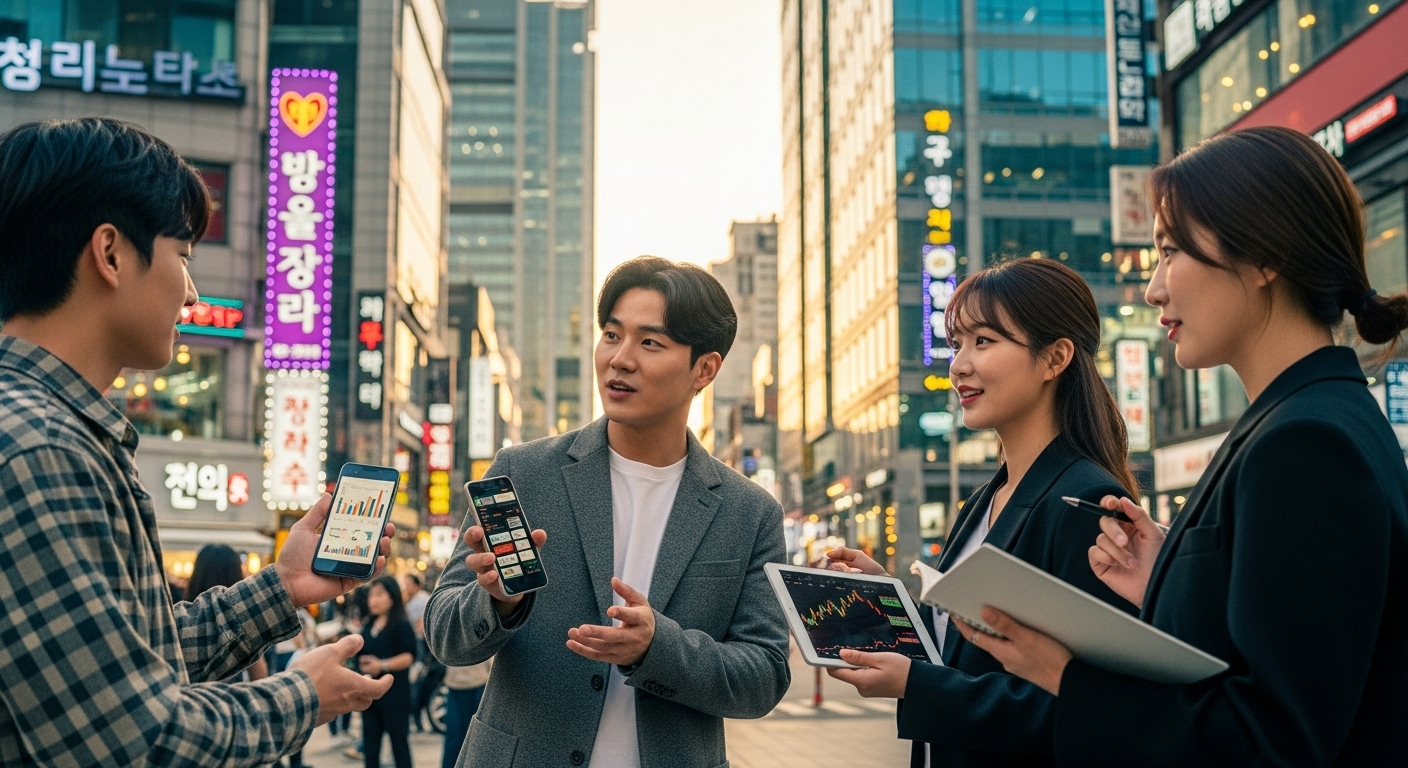 도시 환경에서 금융 기회를 논의하는 현대적인 젊은이들
