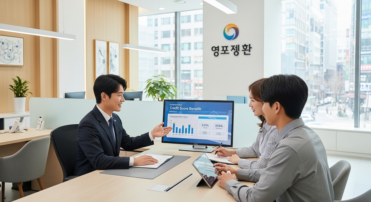 은행 내에서 친절한 상담사가 신용점수 혜택에 대해 설명하는 모습