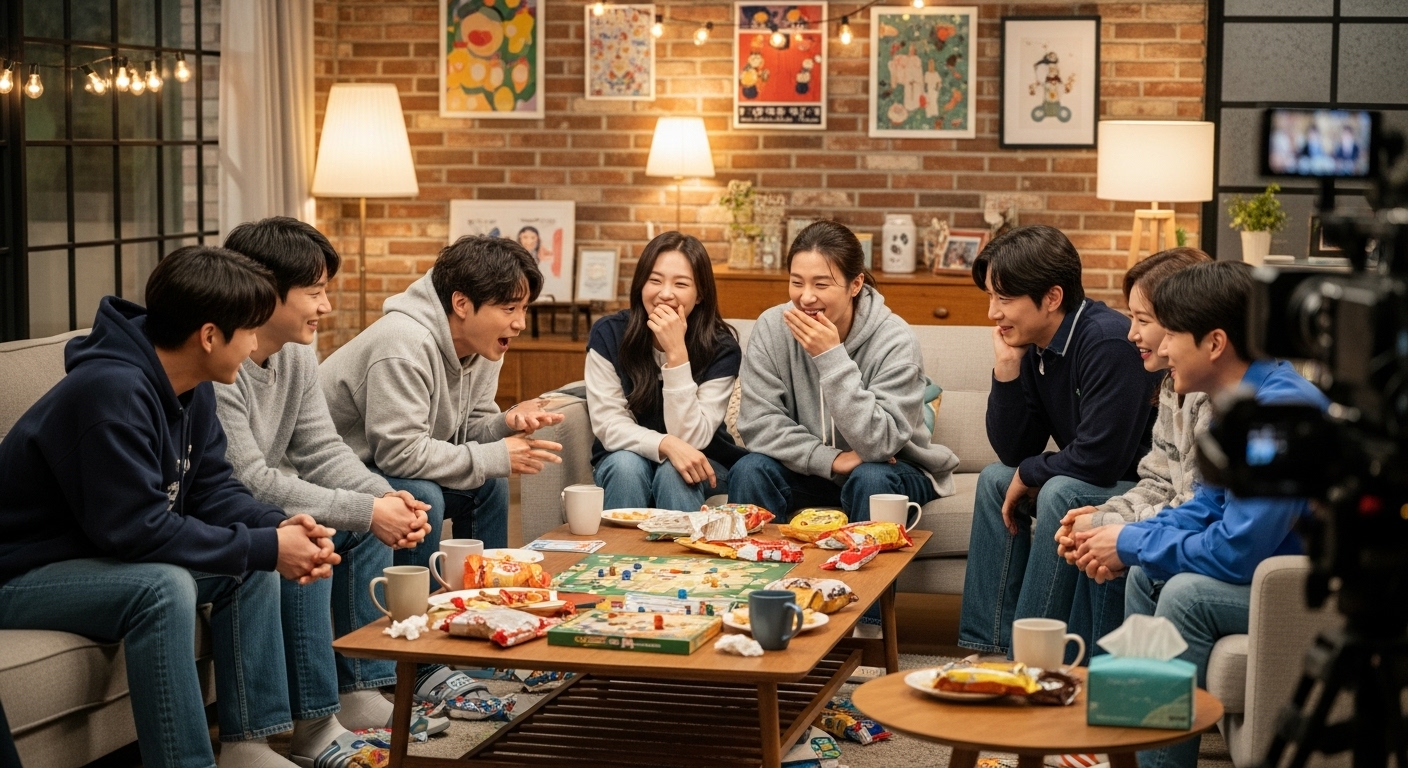 친근하고 편안한 분위기 속에서 이야기를 나누는 예능 프로그램 출연진들