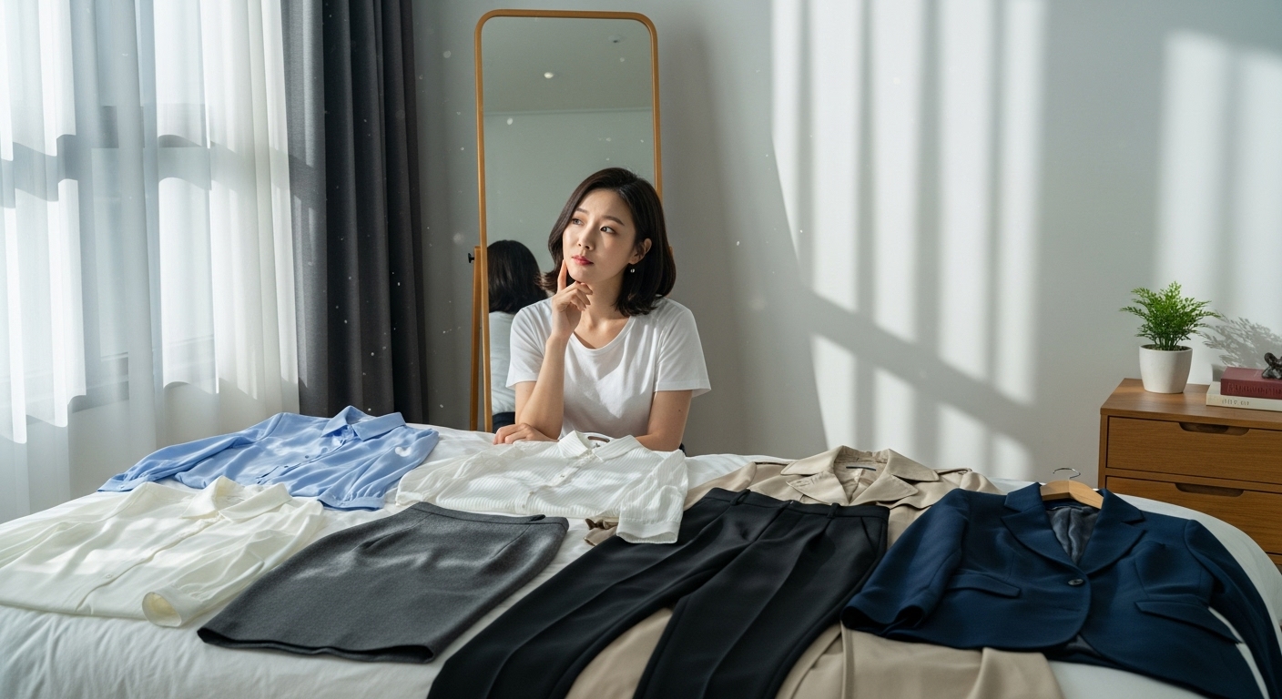 현대적인 한국의 사무직 여성이 아침에 다양한 옷을 놓고 거울 앞에서 고민하는 모습