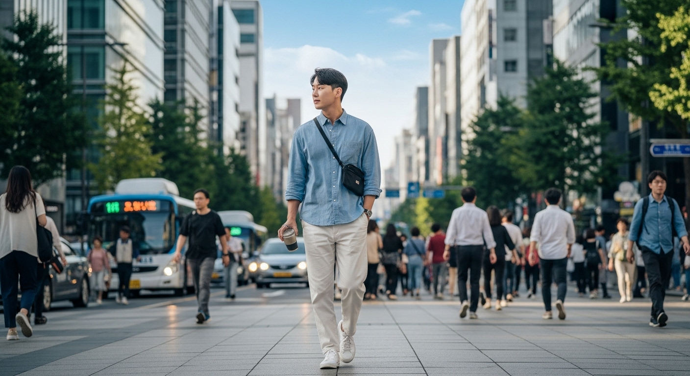 서울 시내 아침 거리에서 오버사이즈 셔츠와 면 바지를 입고 자신감 있게 걷는 남성