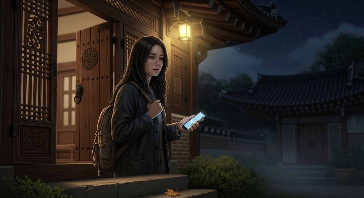 슬픈 소식을 듣고 밤에 조용히 집을 떠나는 여성의 감정적인 장면