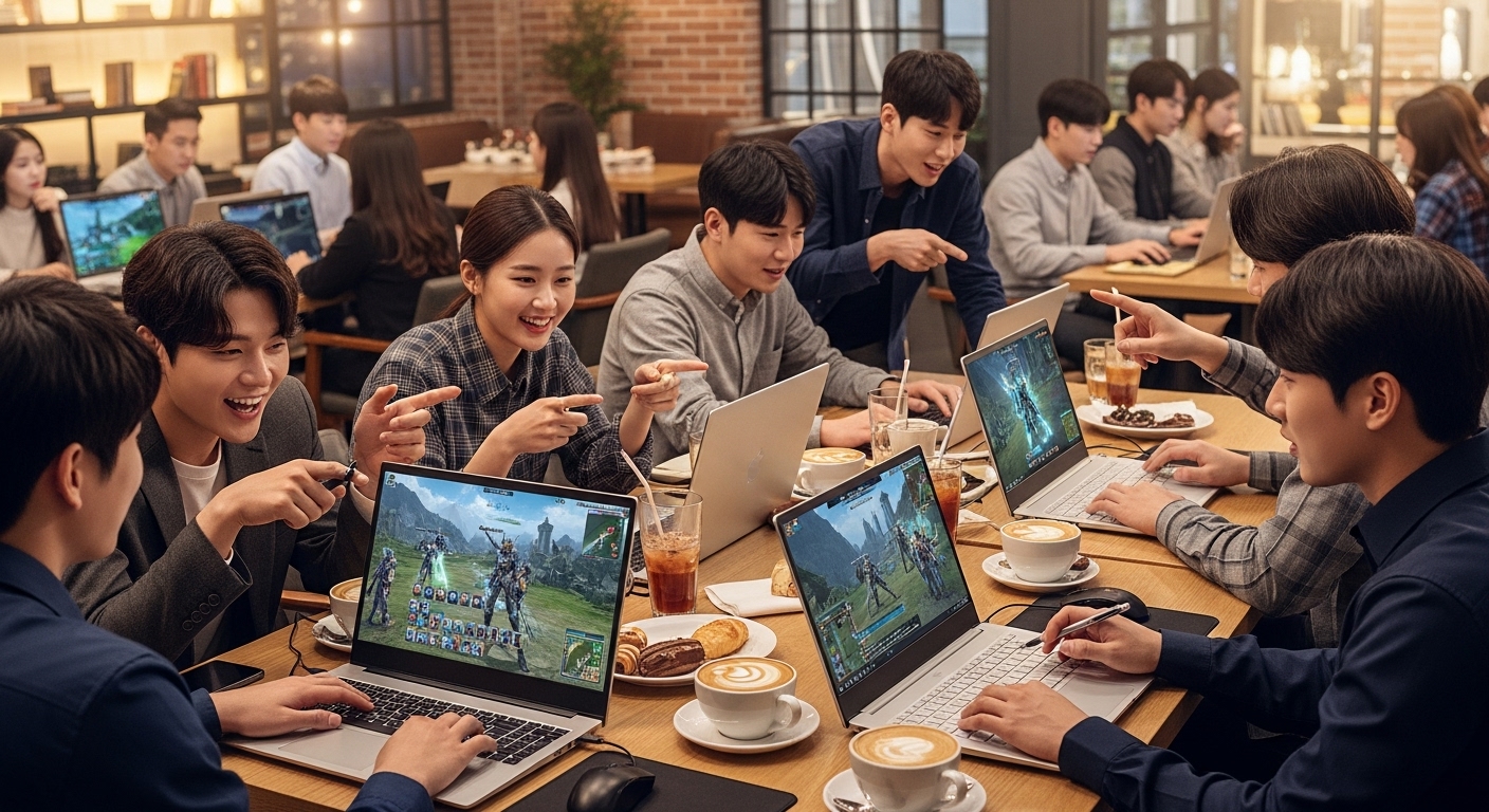 현대적인 카페에서 아이온2 관련 정보를 나누고 길드를 결성하는 게이머들