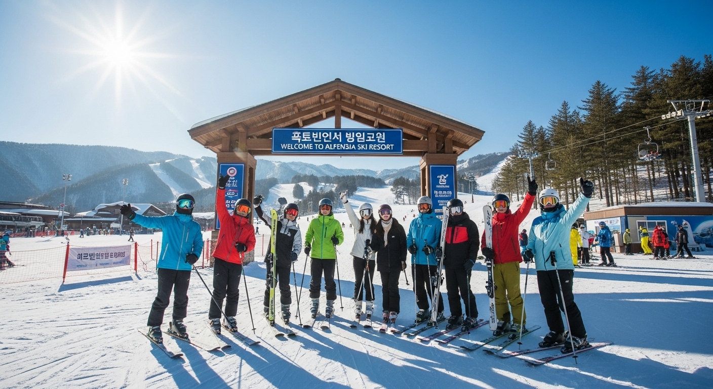 겨울을 맞아 새 시즌을 준비하는 스키어들이 리조트 입구에 모여 있는 모습