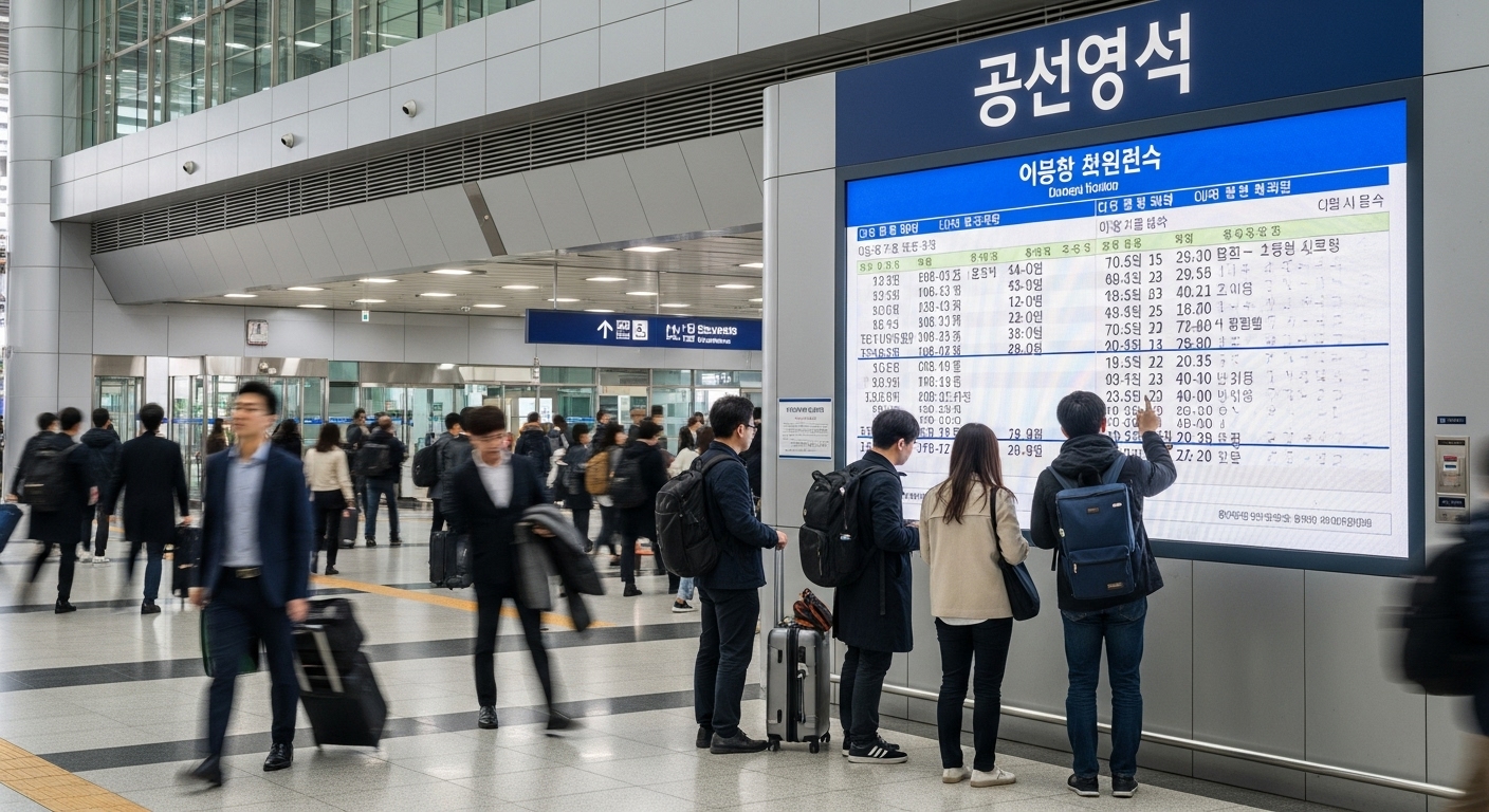 한국 기차역에서 전광판으로 일정을 확인하는 여행객들 모습
