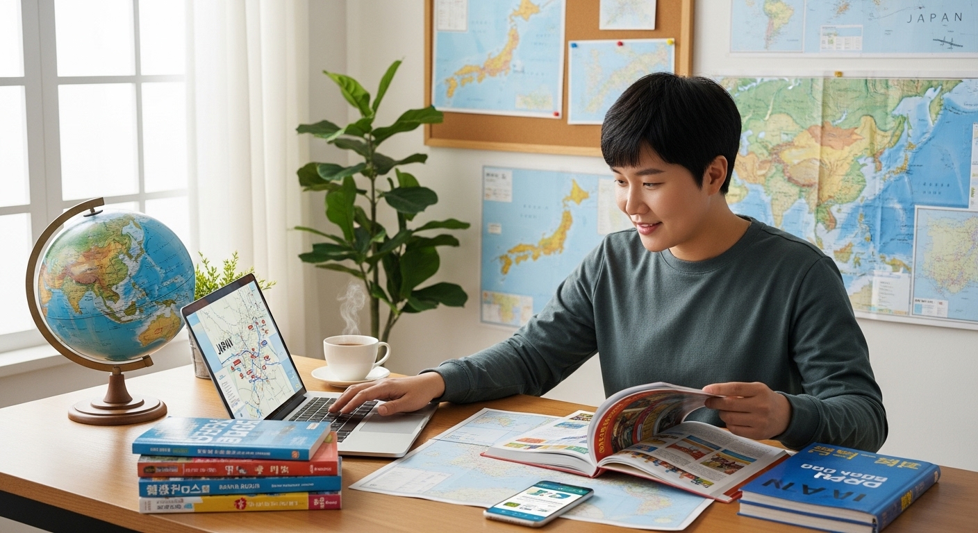 한국인 여행자가 책상에서 노트북과 지도책을 펼쳐놓고 일본 여행을 계획하는 모습