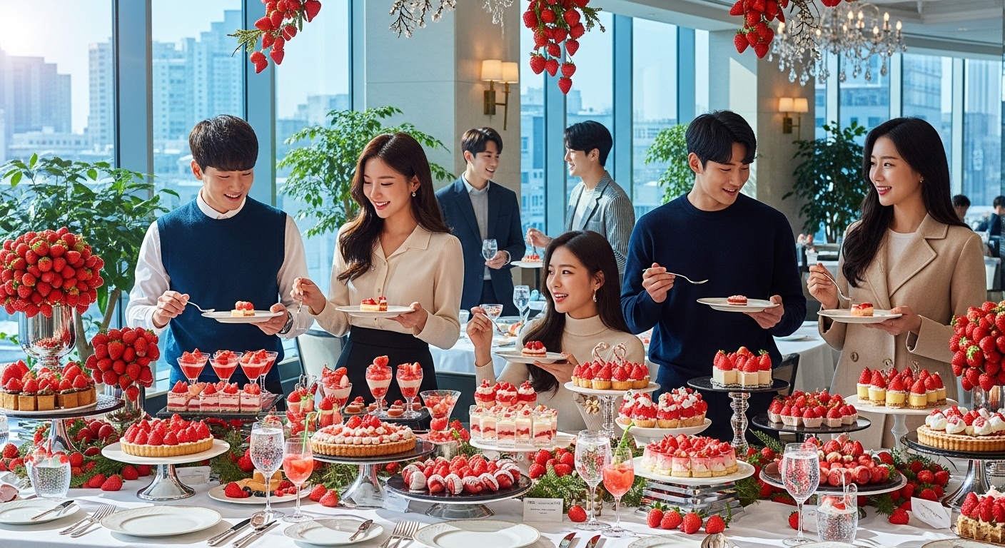 서울의 겨울날 젊은 사람들이 즐기는 화려한 장식과 디저트가 있는 딸기 뷔페
