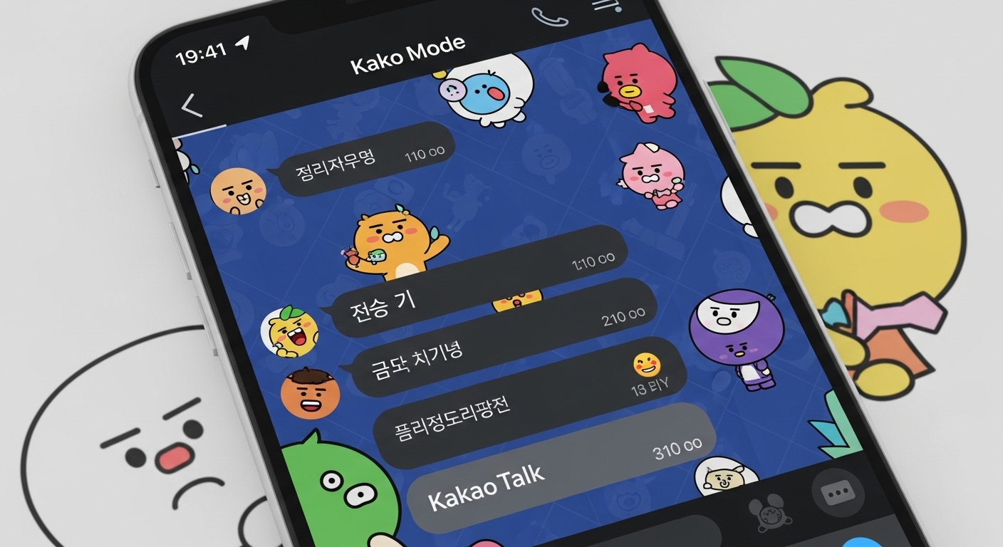스마트폰 화면에 표시된 다양한 색상의 카카오톡 채팅 테마 인터페이스