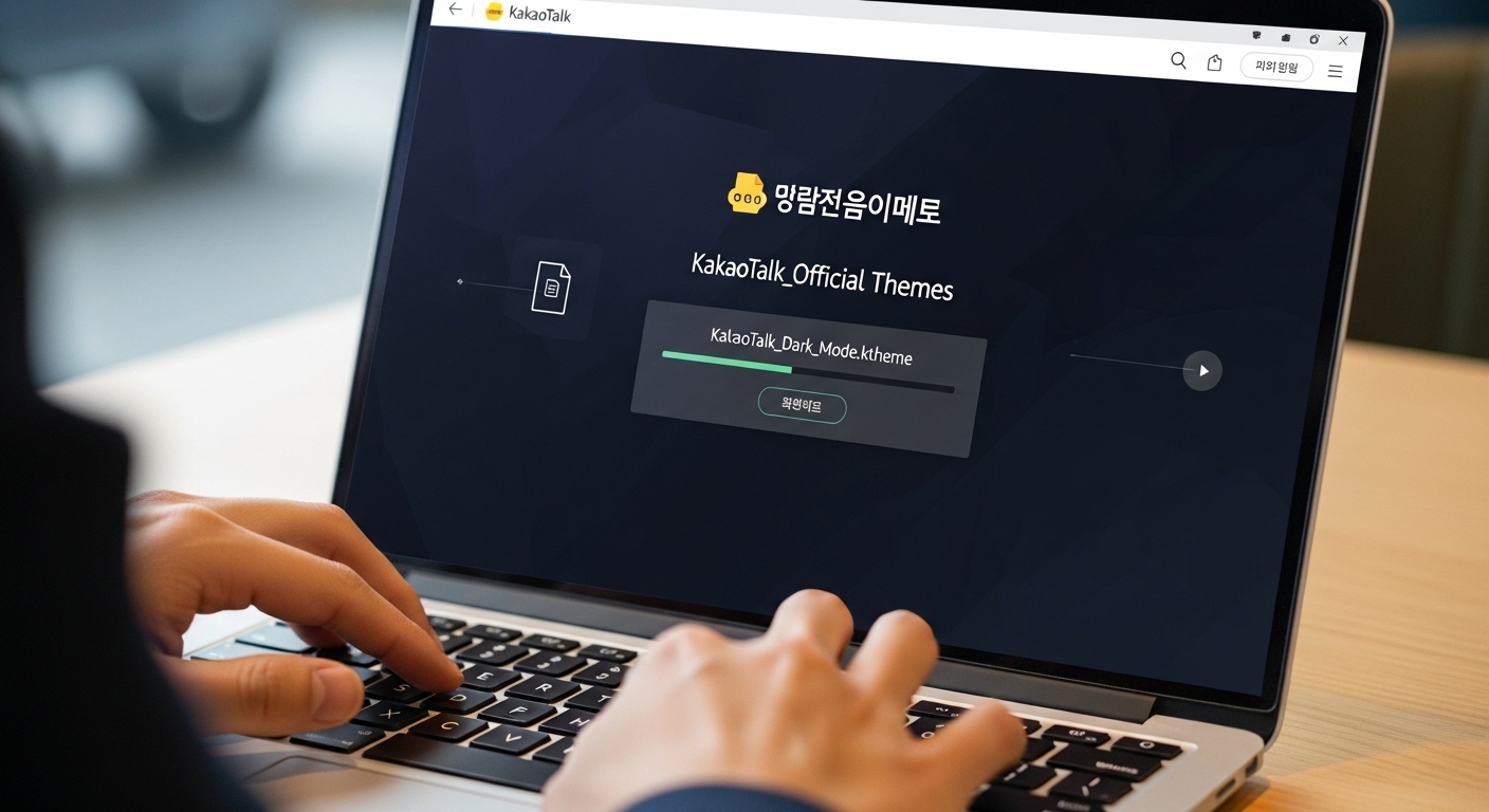 노트북에서 공식 웹사이트를 통해 카카오톡 다크모드 테마를 안전하게 다운로드하는 모습