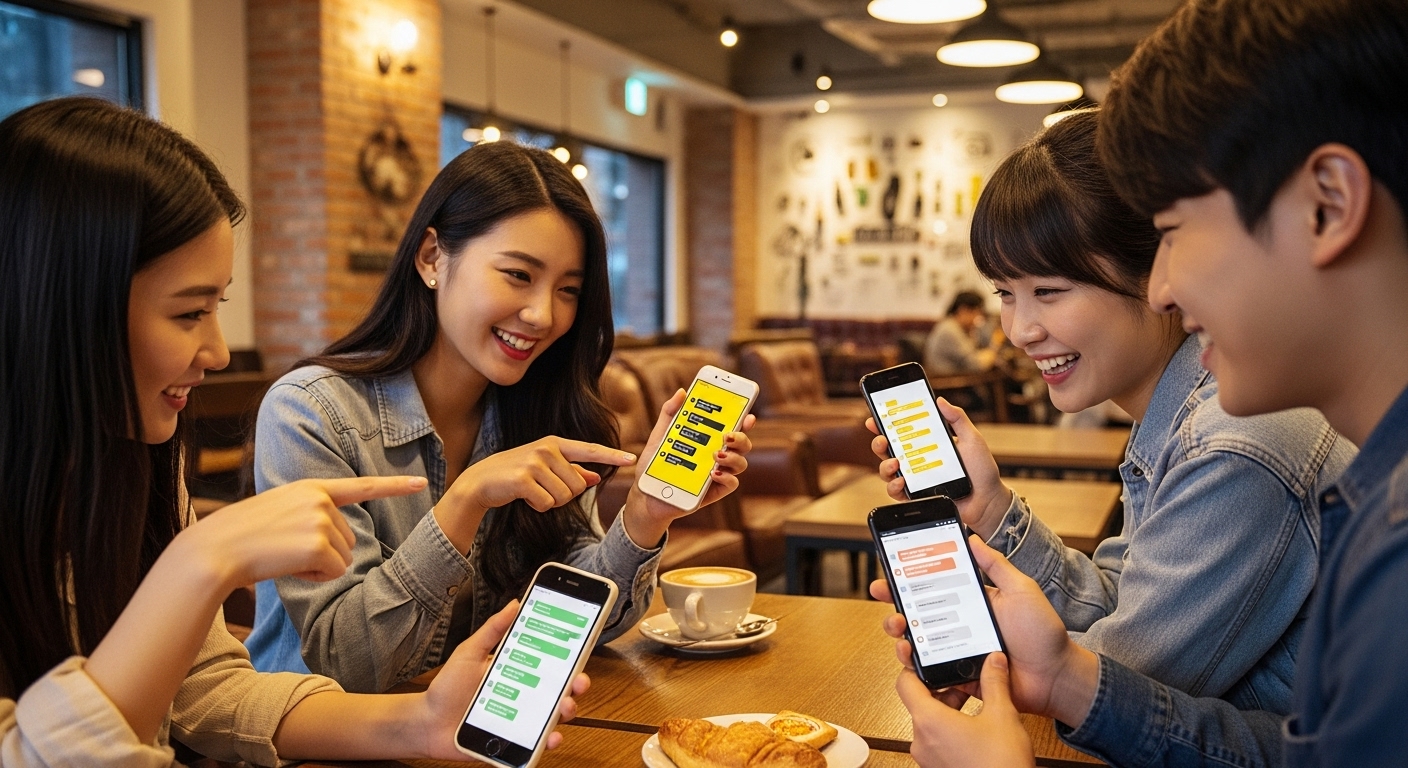 다양한 카카오톡 테마가 적용된 스마트폰을 공유하며 대화를 나누는 젊은이들 모습