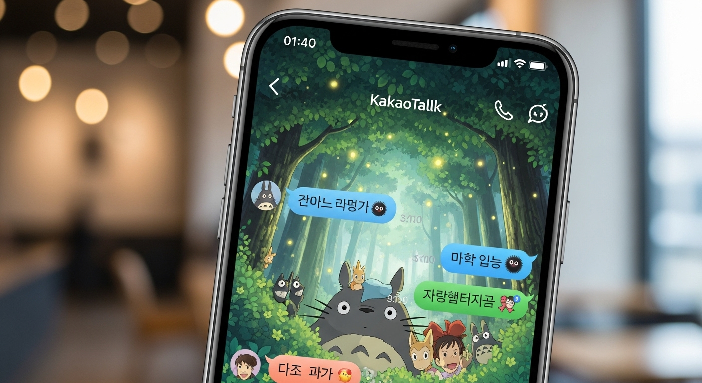 스마트폰 화면에 지브리 캐릭터가 적용된 카카오톡 채팅창