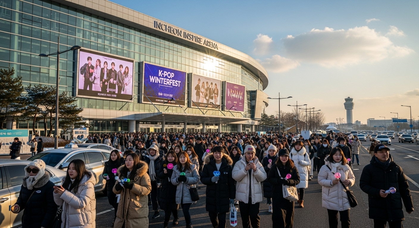 겨울날 인천 국제공항 근처에 위치한 인천 인스파이어 아레나 외관과 콘서트를 위해 도착하는 팬들
