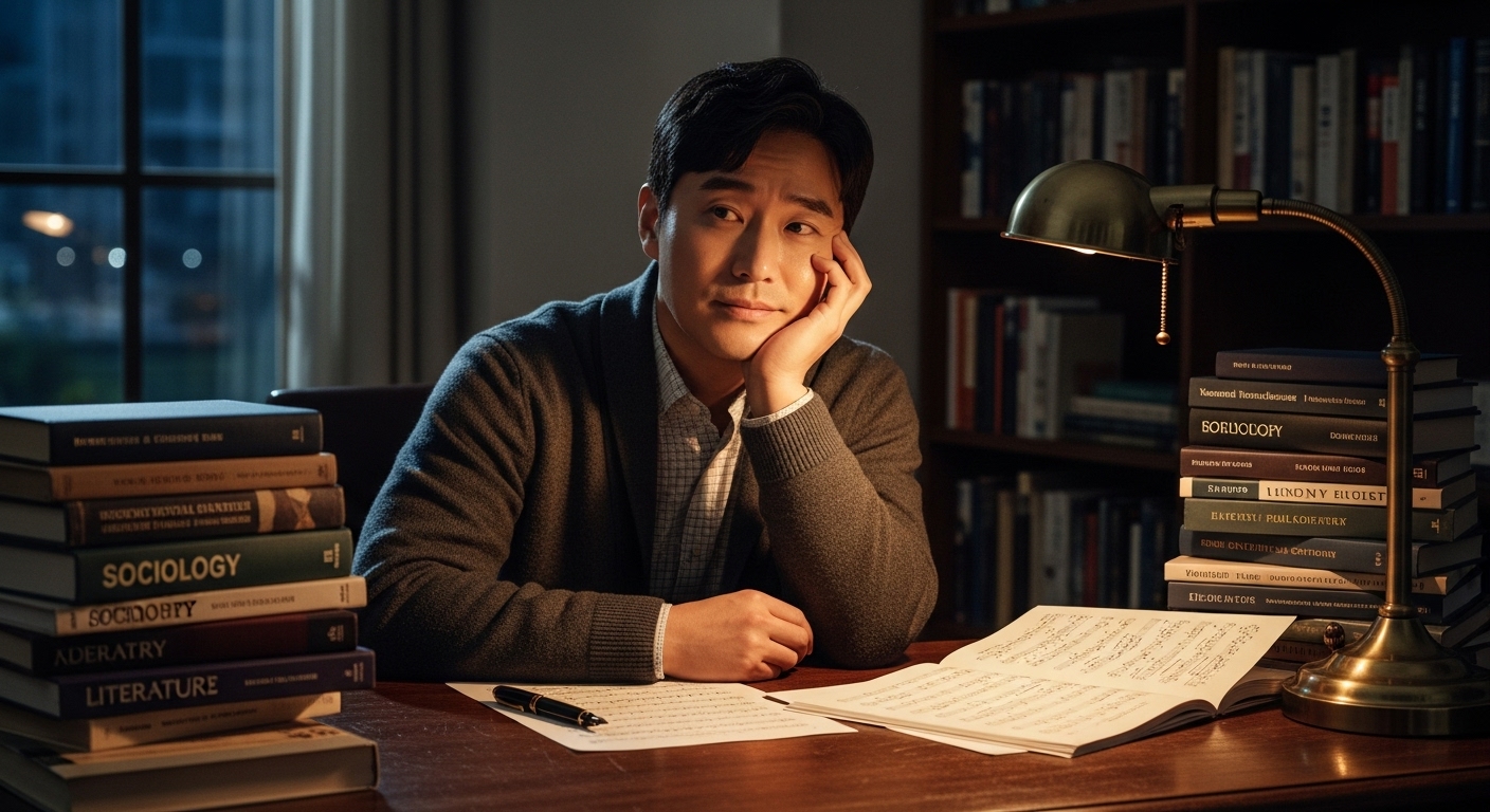 책과 악보로 둘러싸인 자리에서 사랑에 대해 깊이 생각하는 한국 남성