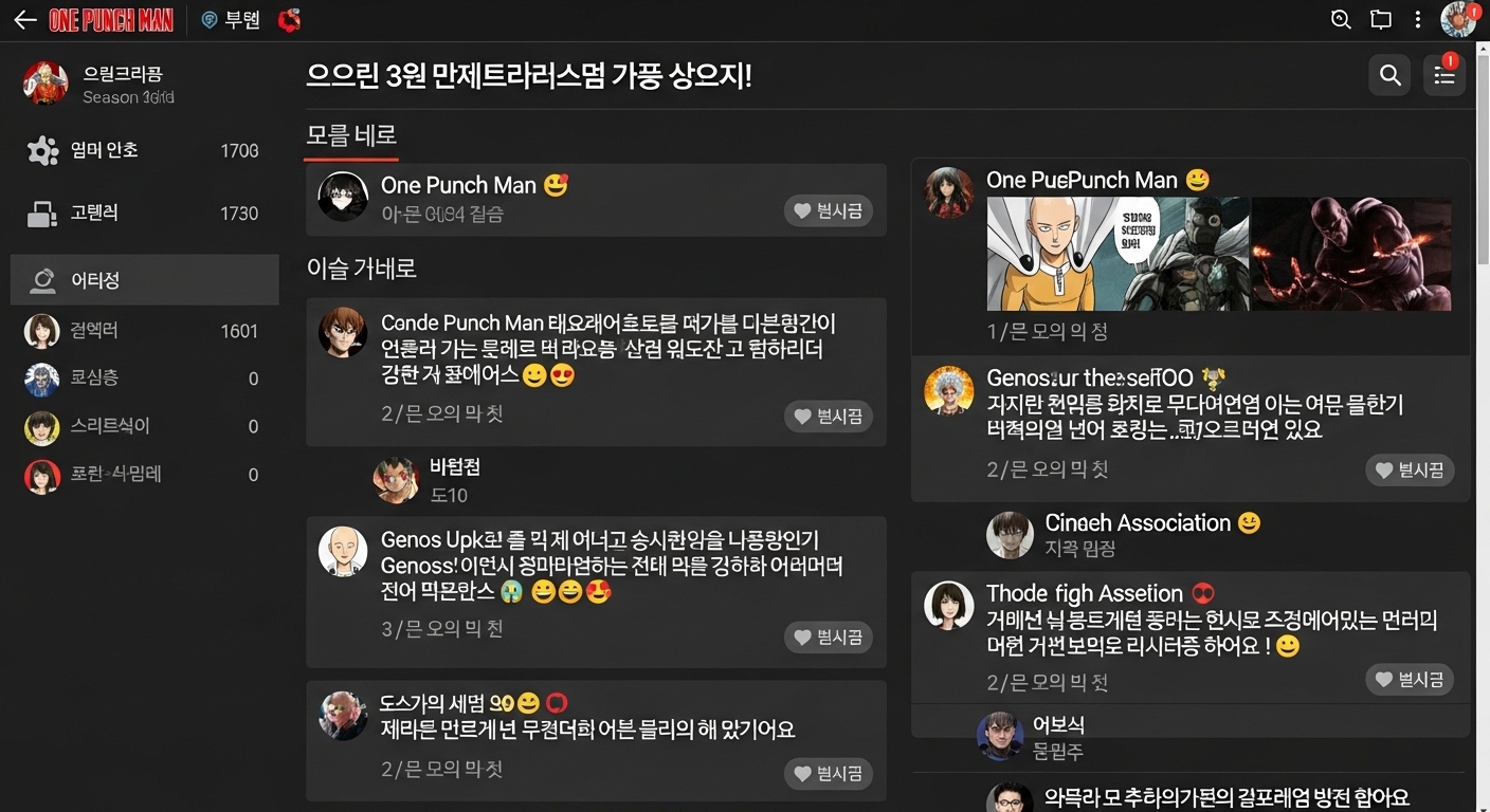 온라인 커뮤니티에서 원펀맨 시즌 3에 대한 장면과 캐릭터를 활발히 논의하는 열정적인 팬들