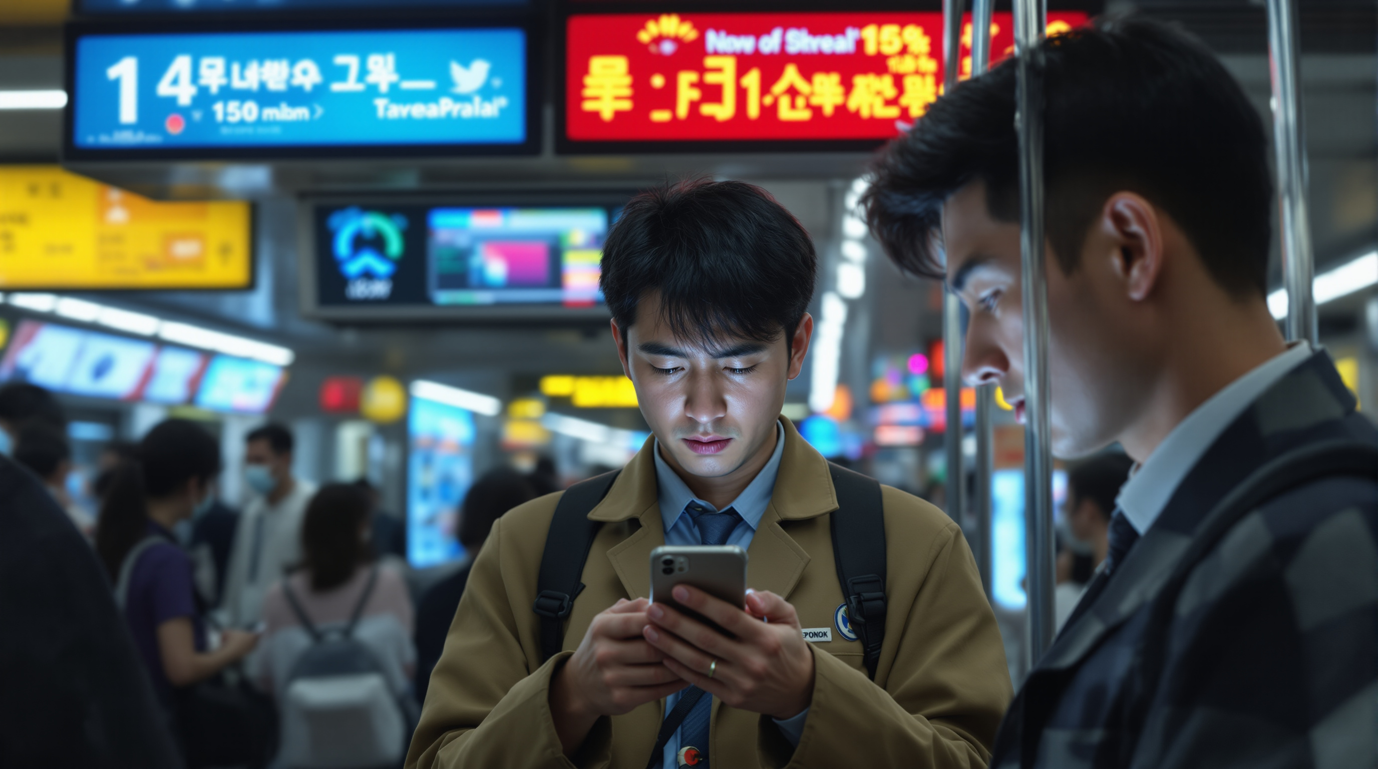 서울 지하철역에서 스마트폰으로 충격적인 소식을 읽고 있는 직장인의 모습