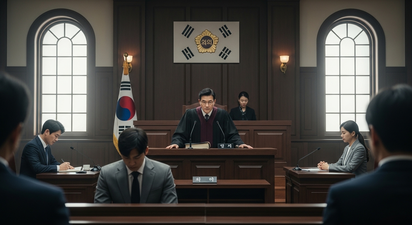 법정에서 온라인 명예훼손 가해자에게 판결을 내리는 장면