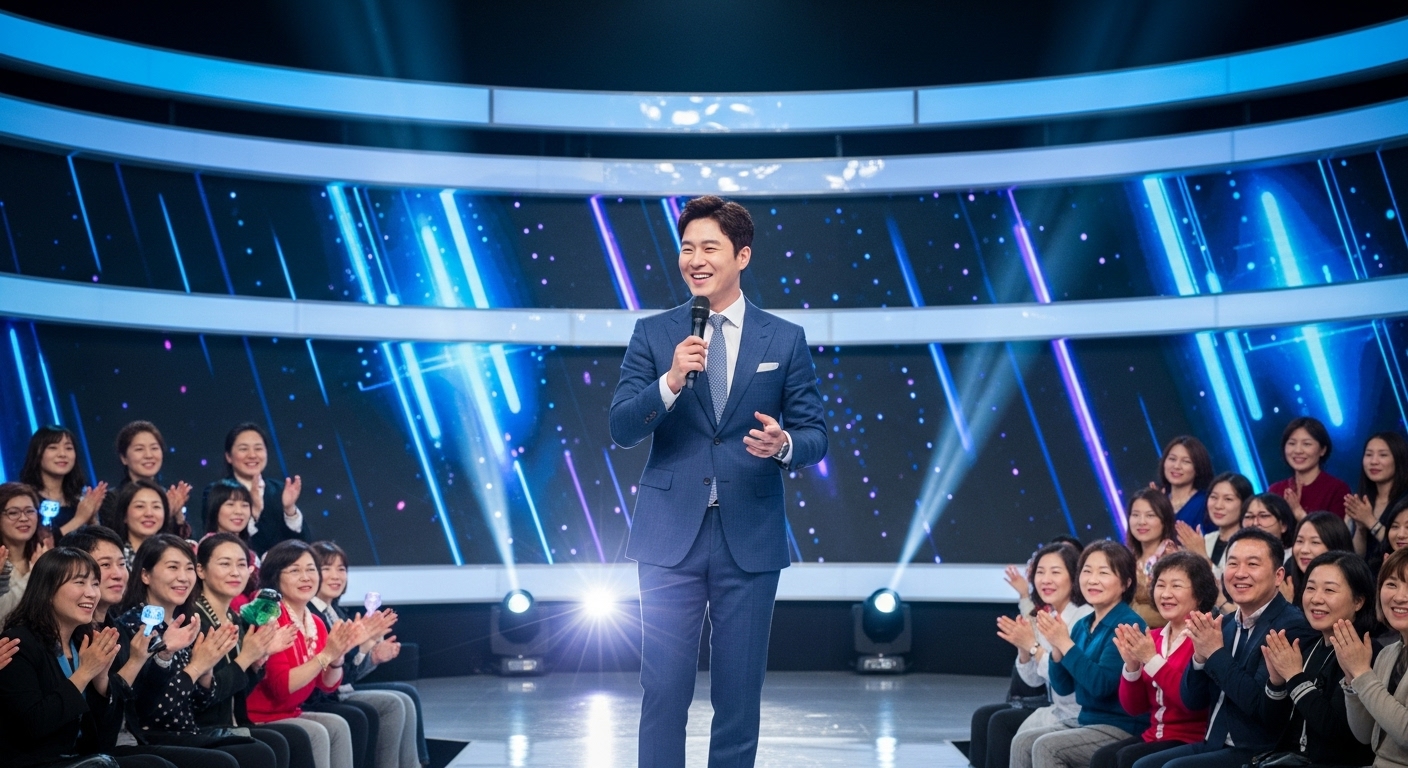 현대적인 한국 쇼호스트가 스튜디오에서 청중과 소통하는 모습