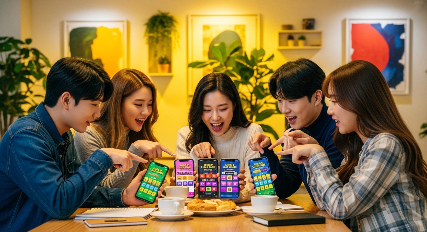 테이블에 모여 앉아 활발하게 럭키볼 참여 방법을 논의하는 청년들