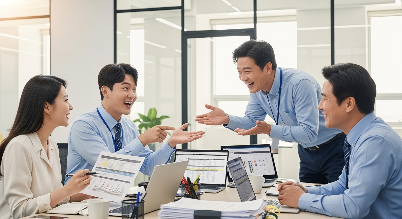 현대적인 사무실에서 봉급 인상에 대해 토론하는 직장인들의 모습