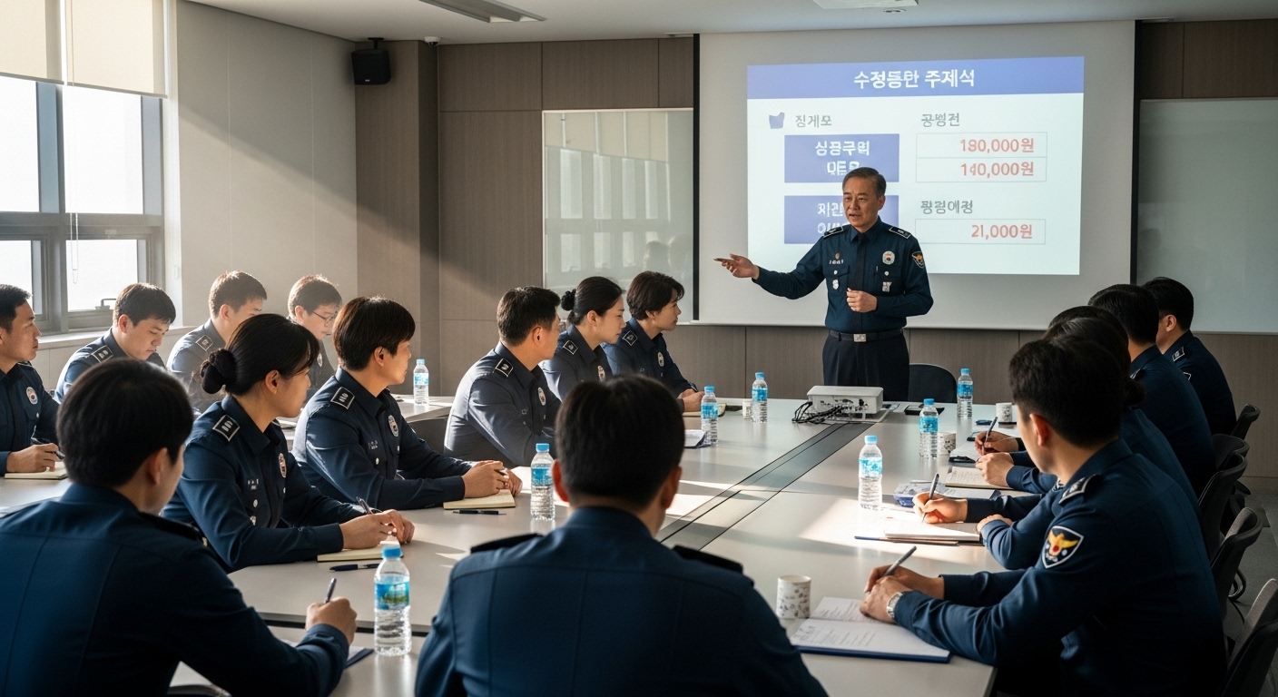 경찰서 회의실에서 새로운 수당에 대해 브리핑을 받는 경찰관들