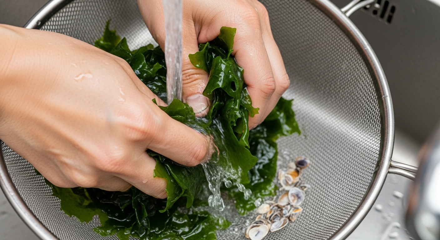 흐르는 물에서 체를 이용해 청각을 문지르며 세척하는 모습