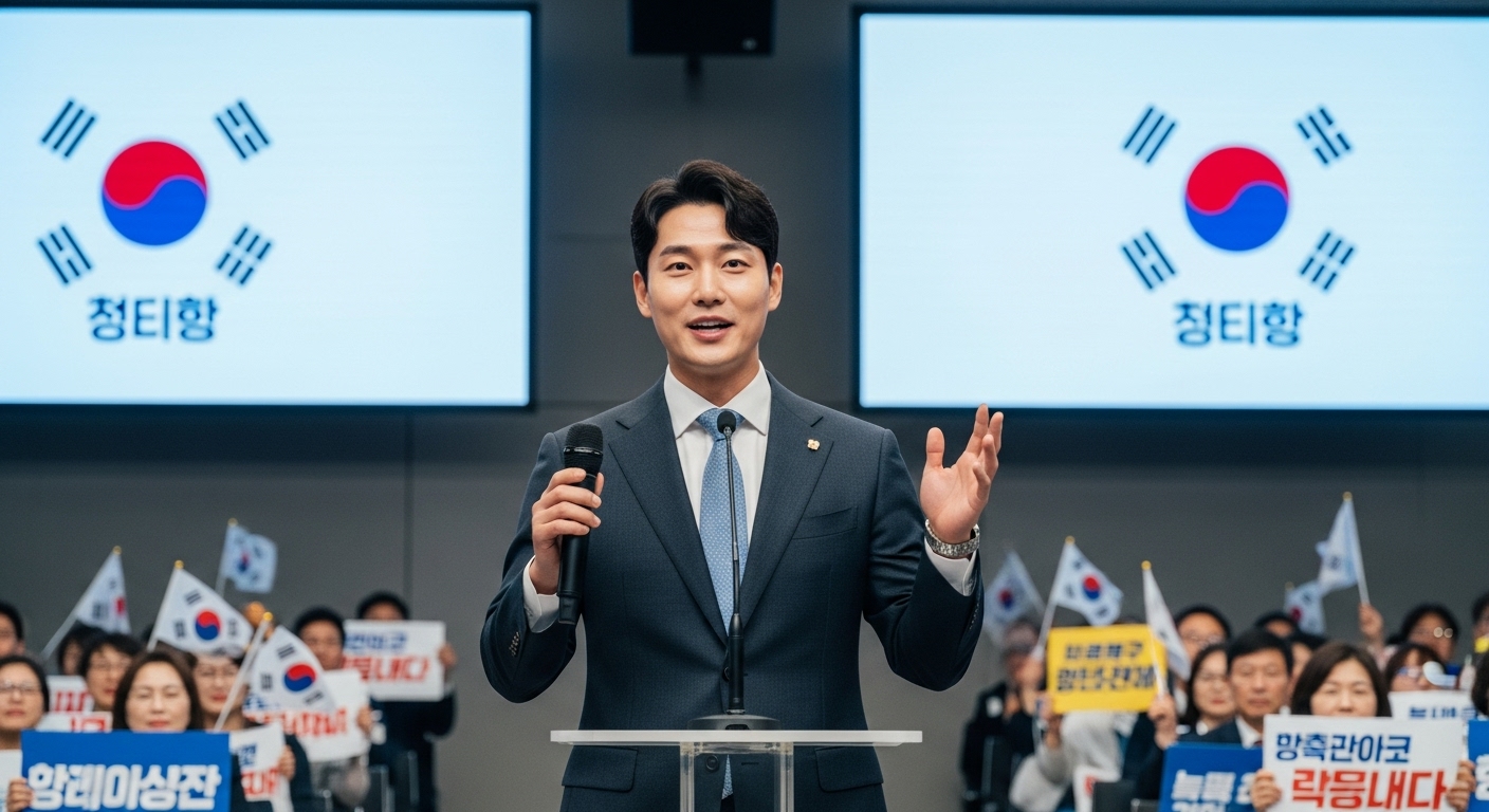 정치 행사에서 연설하는 젊고 카리스마 있는 정치인의 모습