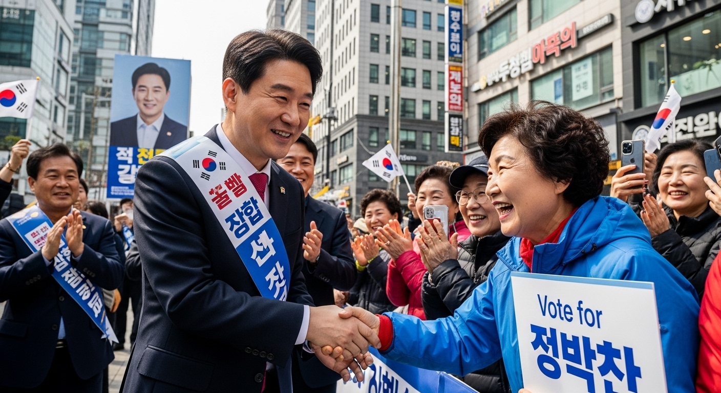 선거 시즌 동안 도시 지역에서 유권자들과 교류하는 열정적인 정치인