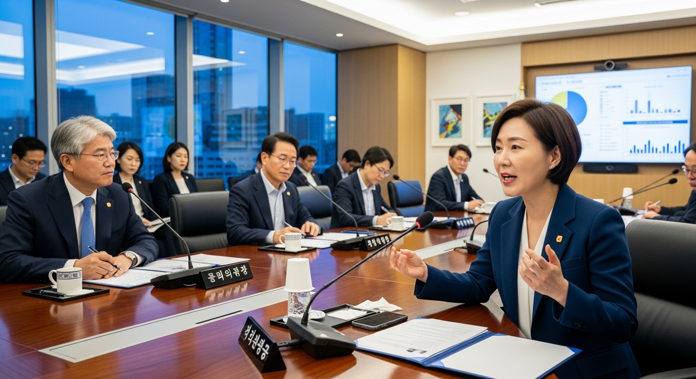 현대식 회의실에서 동료들과 정책 문제를 논의하는 한국 정치인
