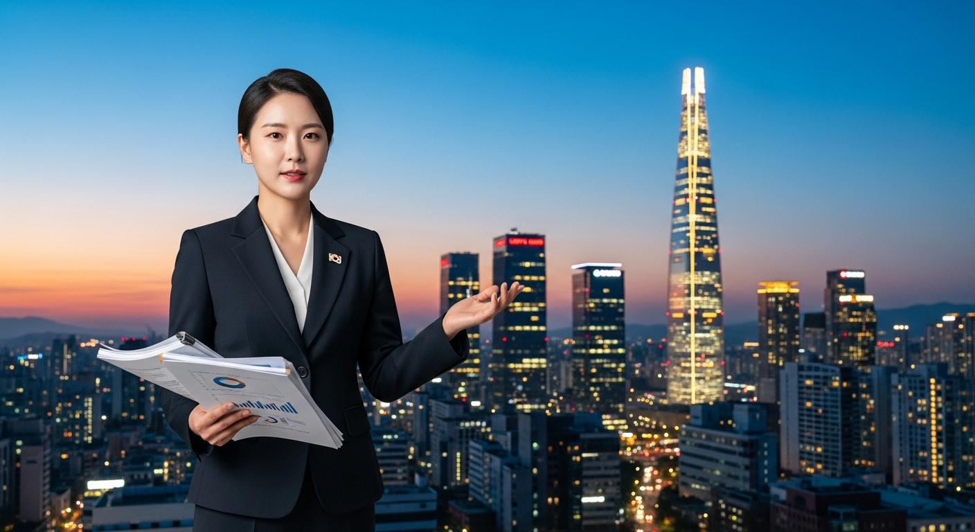 젊은 정치인이 서류를 들고 도시 배경 앞에 서 있는 모습