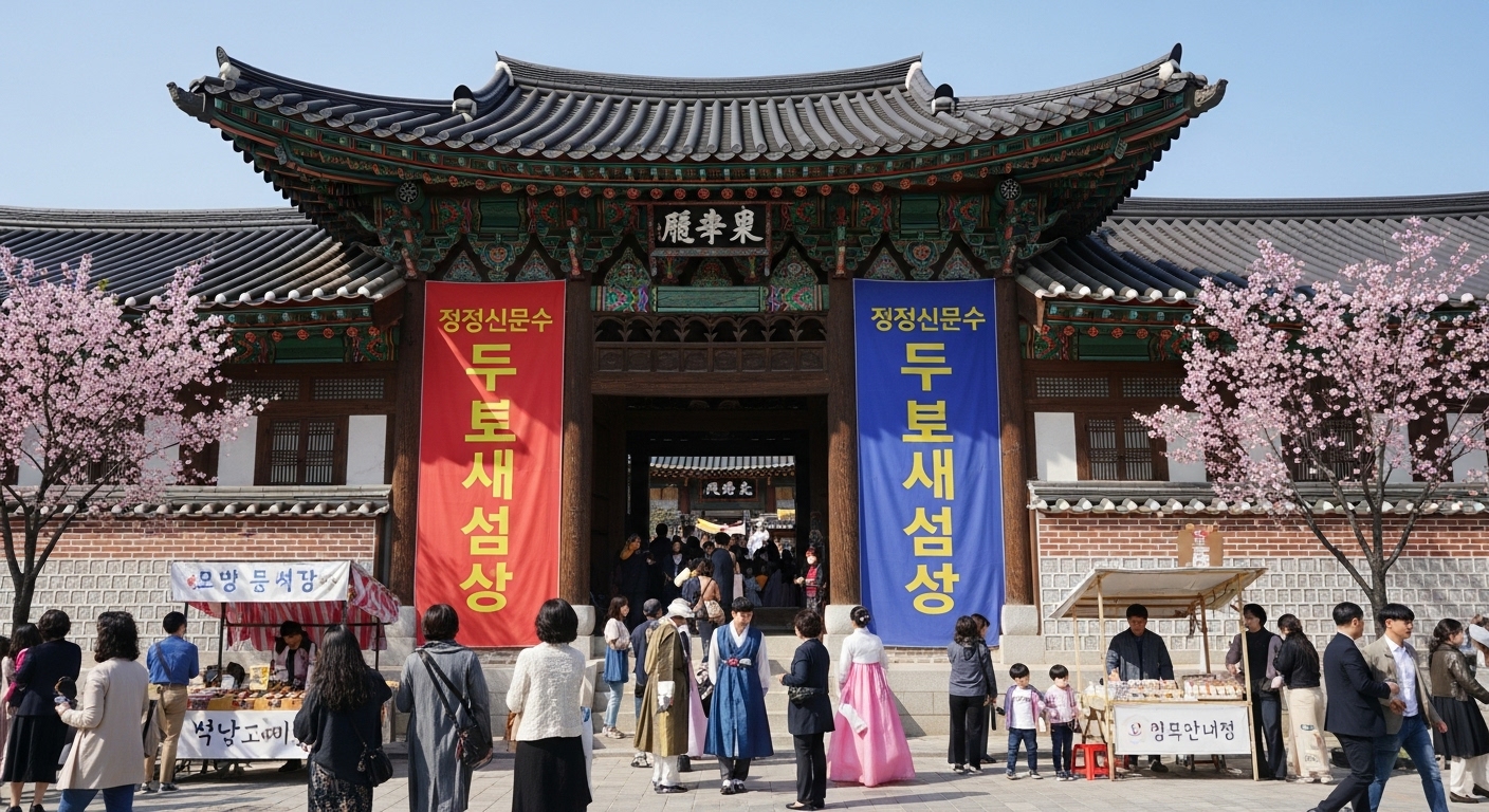 무료 결혼 서비스를 홍보하는 전통적인 한국 건물 외관