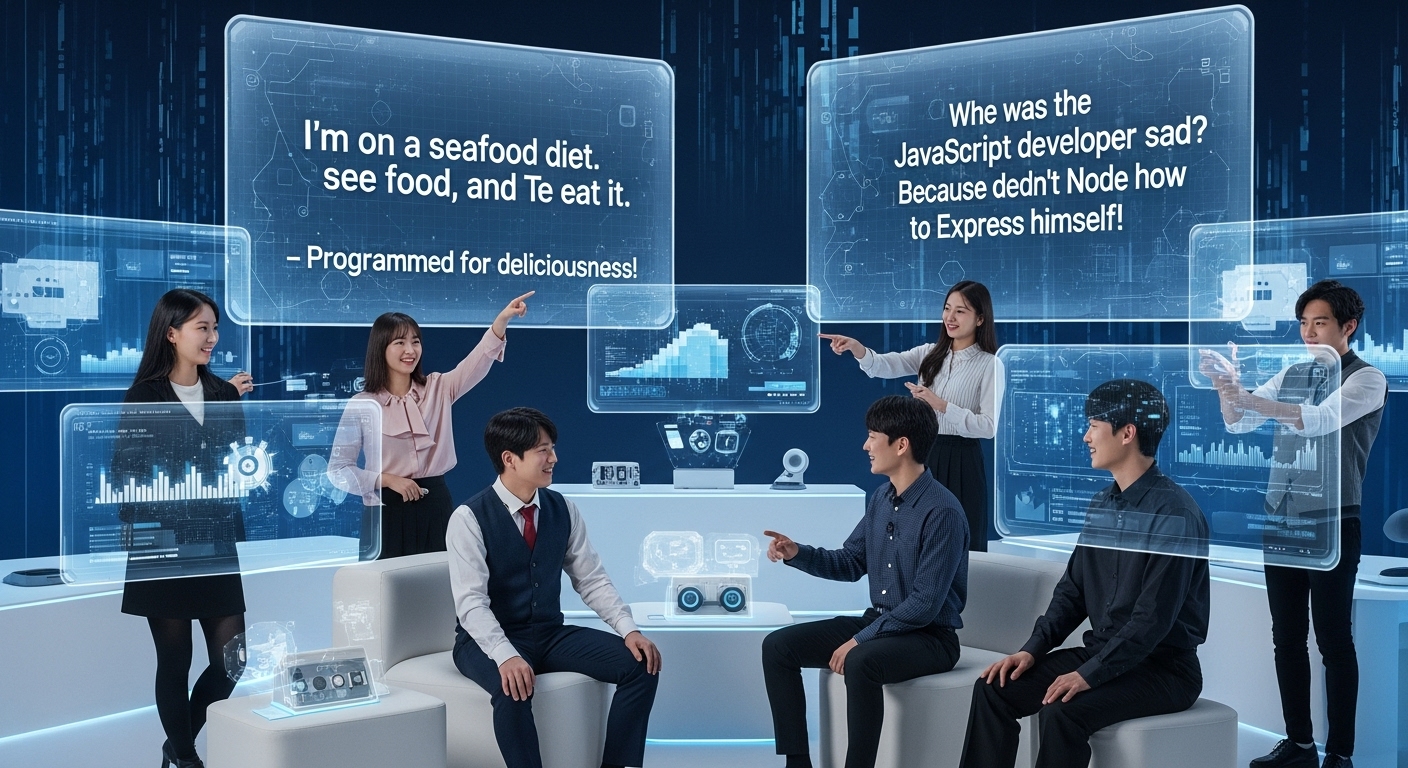 기술적인 환경에서 디지털 테마의 농담을 즐기는 젊은 사람들