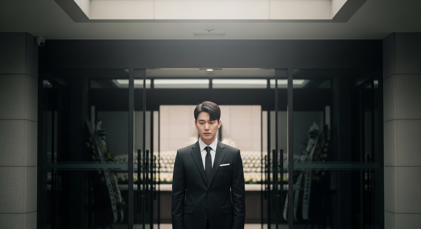 검은 상복을 입고 장례식장 입구에 서있는 젊은 남성