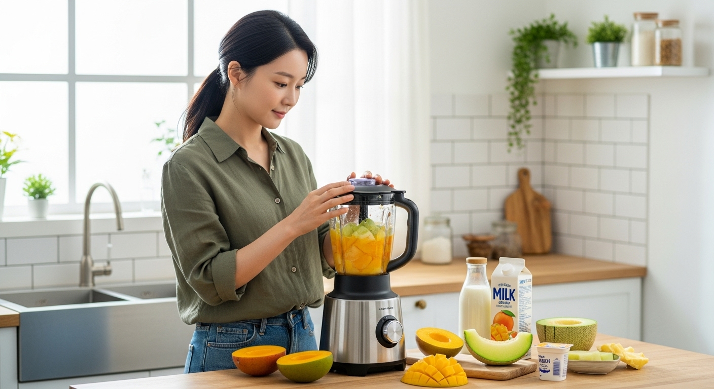 현대적인 주방에서 블렌더로 망고참외 스무디를 만드는 여성