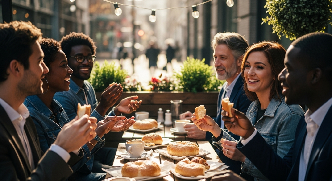 다양한 고객들이 야외 좌석에서 소금빵을 즐기며 활발히 대화하는 장면