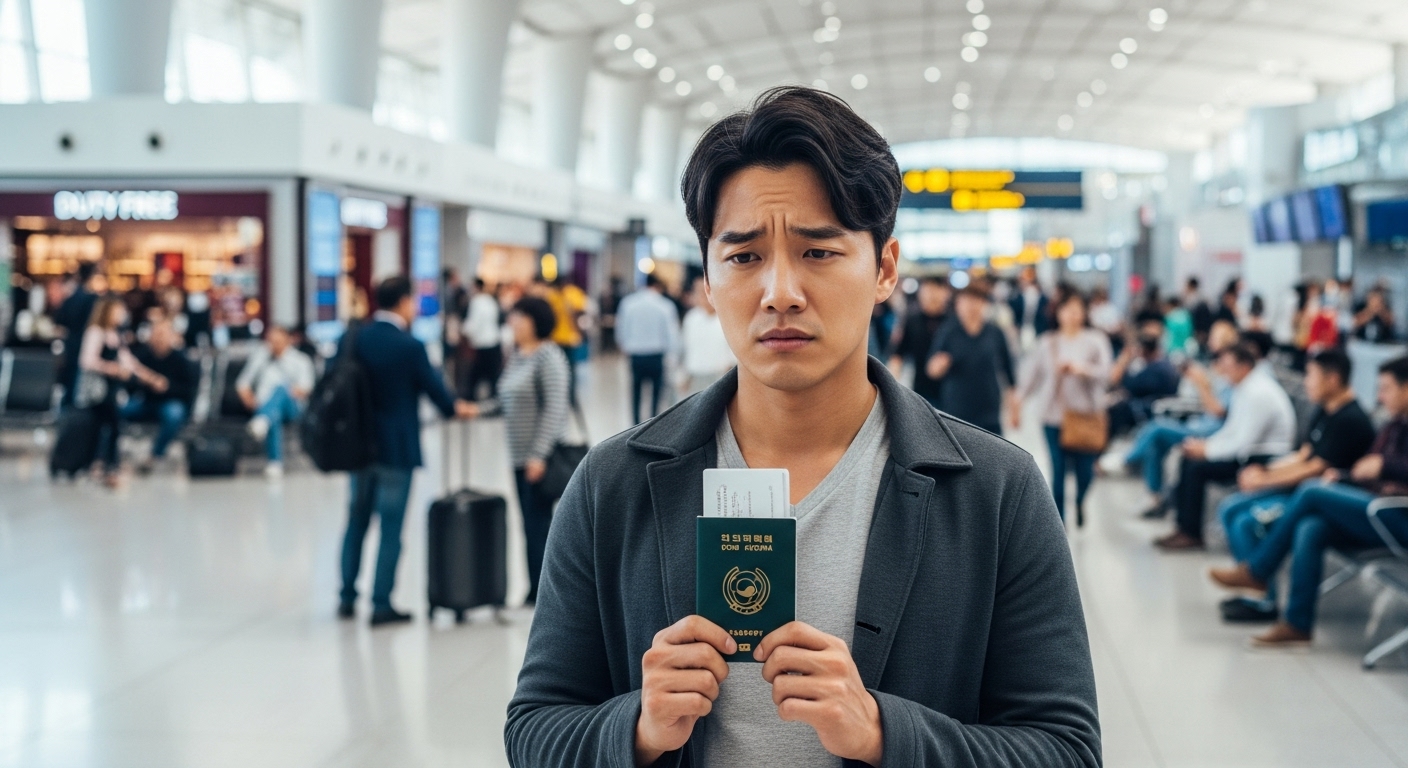 공항 터미널에서 여권을 들고 고민하는 한국인 여행자
