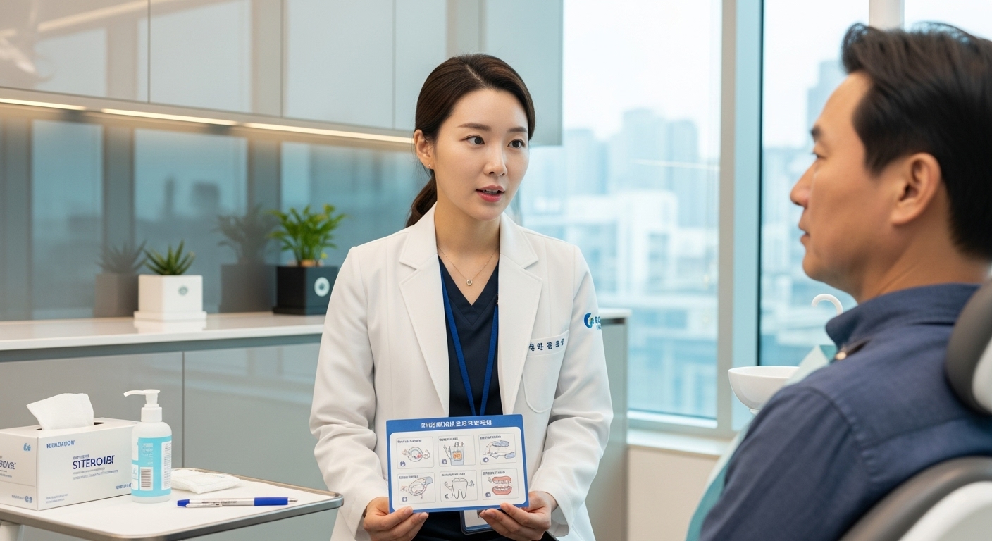 현대적 치과에서 환자와 상담 중인 한국 치과의사의 모습